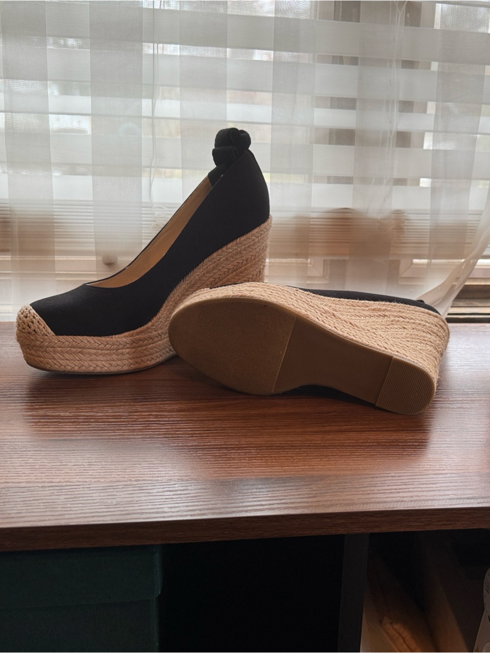 Shoe Dazzle Black Espadrille Wedge Heels with Braided Jute Platform
